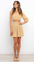 Beige One-Shoulder Top and Skirt Matching Sets