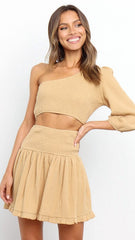 Beige One-Shoulder Top and Skirt Matching Sets