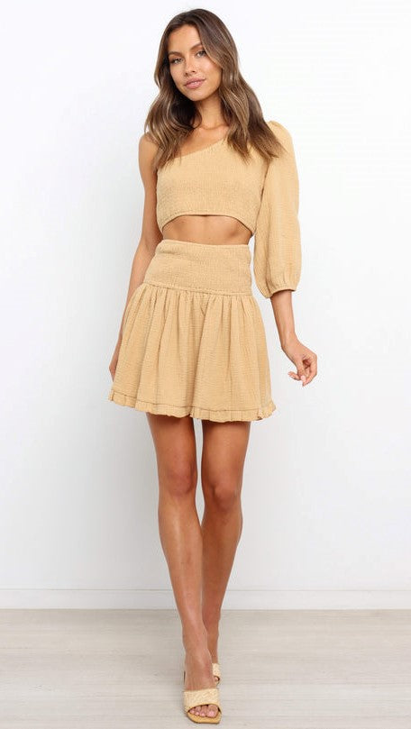 Beige One-Shoulder Top and Skirt Matching Sets