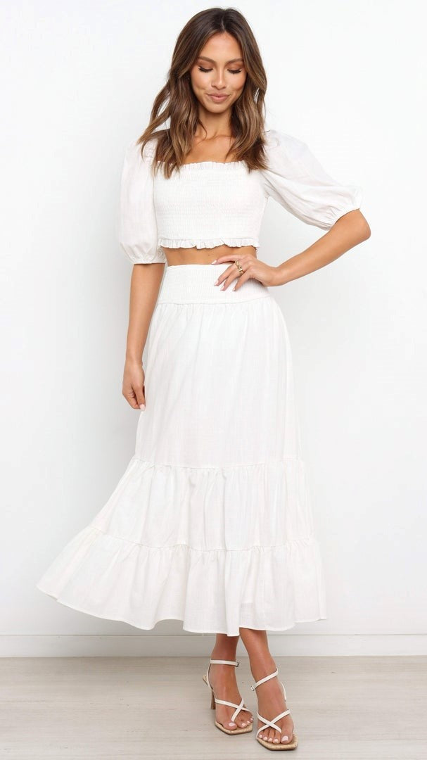 White Crop Top Midi Skirt Sets