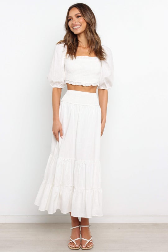 White Crop Top Midi Skirt Sets