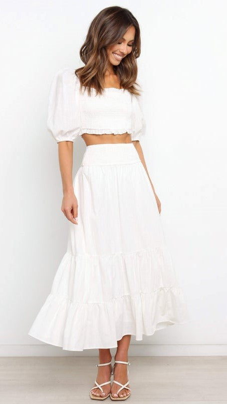 White Crop Top Midi Skirt Sets