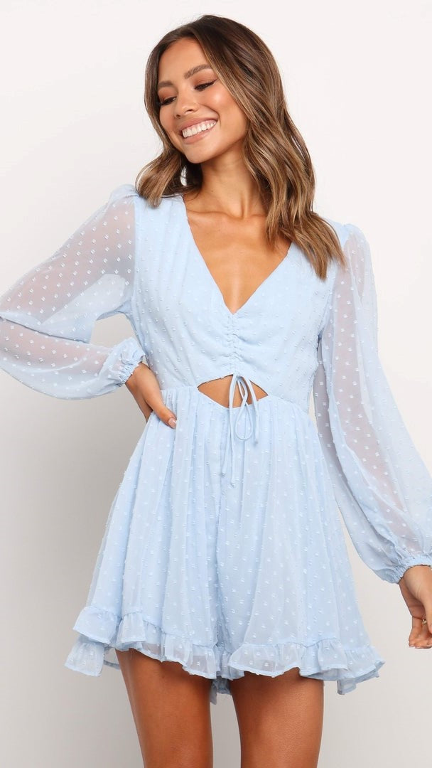 Blue Mesh Long Sleeves Romper