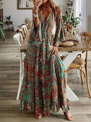 Retro High Waist 3/4 Sleeve Bohemian Dress