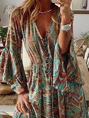 Retro High Waist 3/4 Sleeve Bohemian Dress