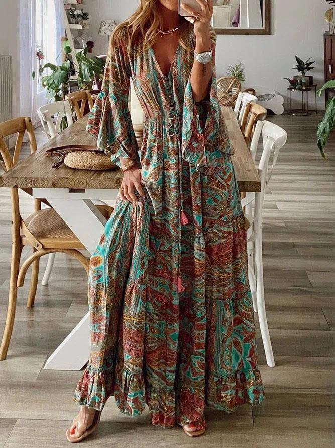 Retro High Waist 3/4 Sleeve Bohemian Dress