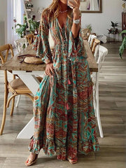 Retro High Waist 3/4 Sleeve Bohemian Dress