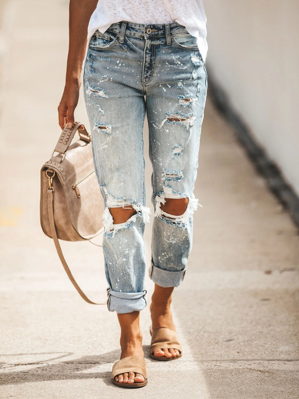 Ripped Washed Denim Trousers