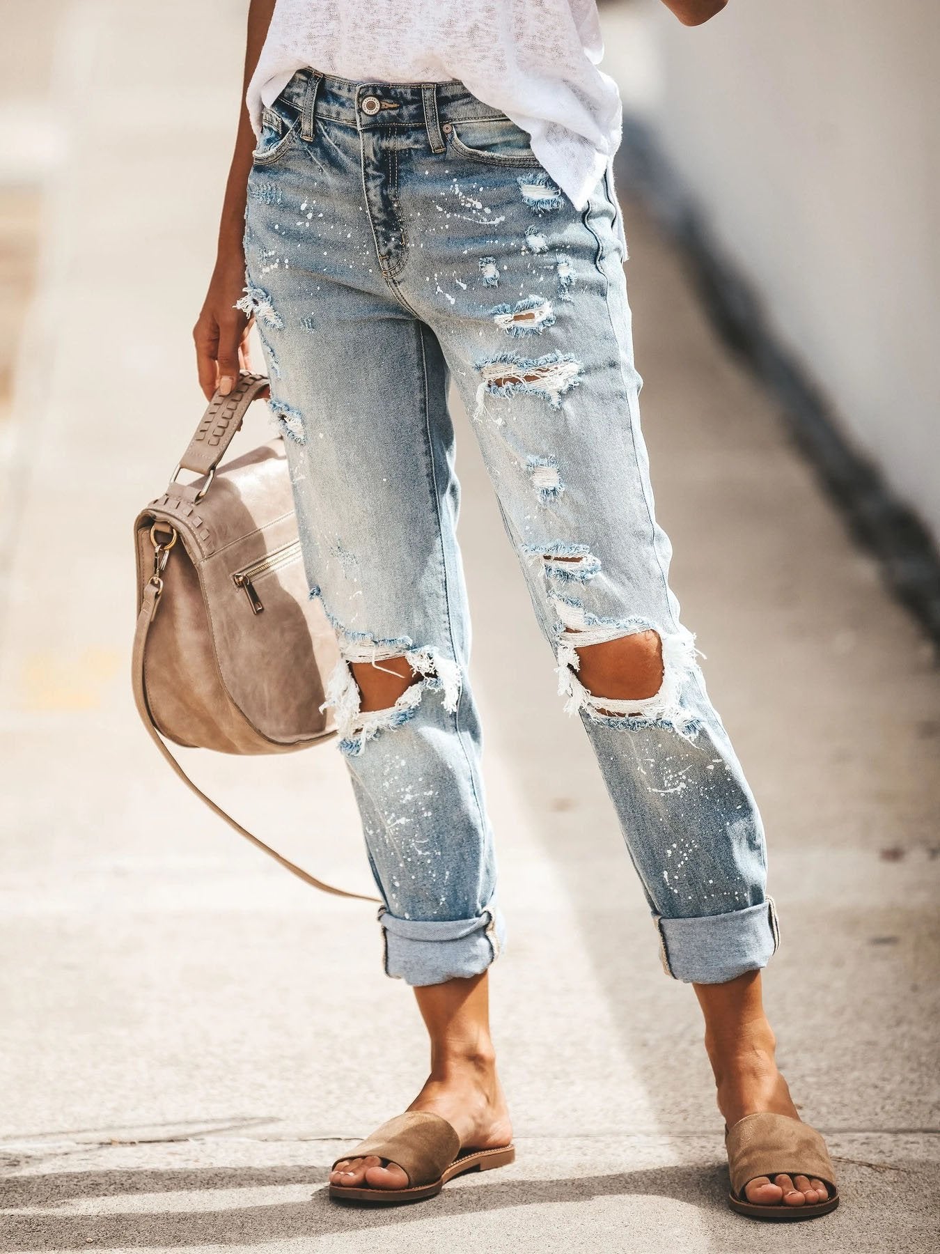 Ripped Washed Denim Trousers