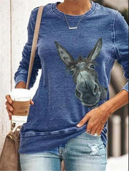 Round Neck Donkey Head Print Casual Long Sleeve T-Shirt