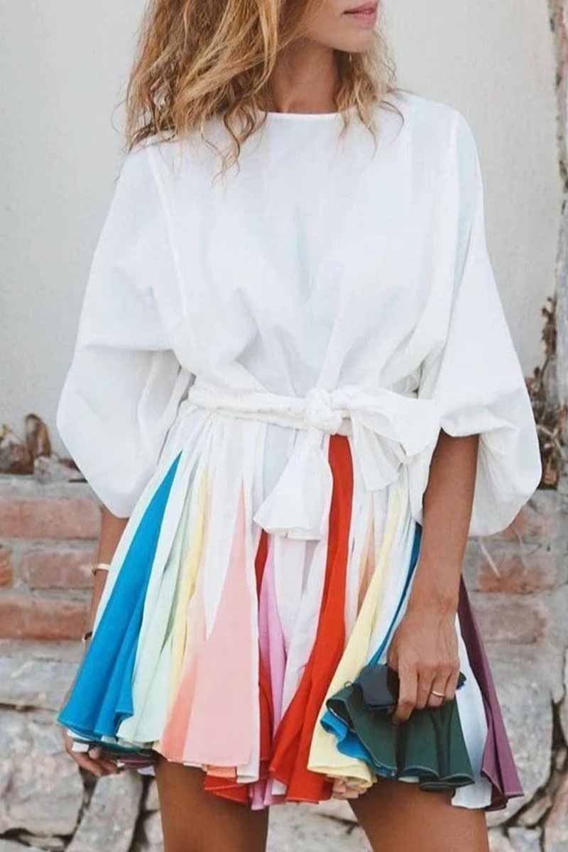 Rainbow Color 3/4 Sleeve Mini Dress