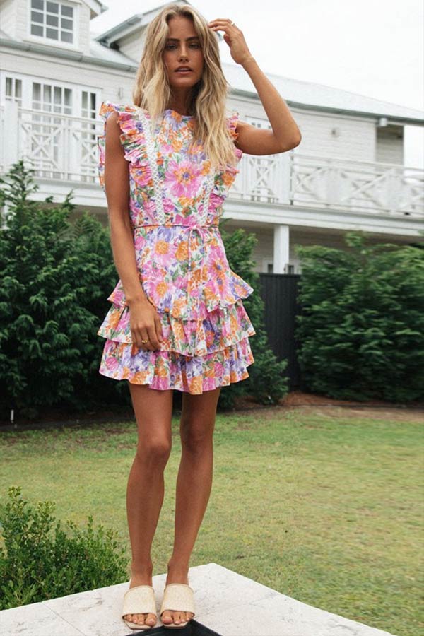 Sexy Floral Print Ruffle Backless Dress