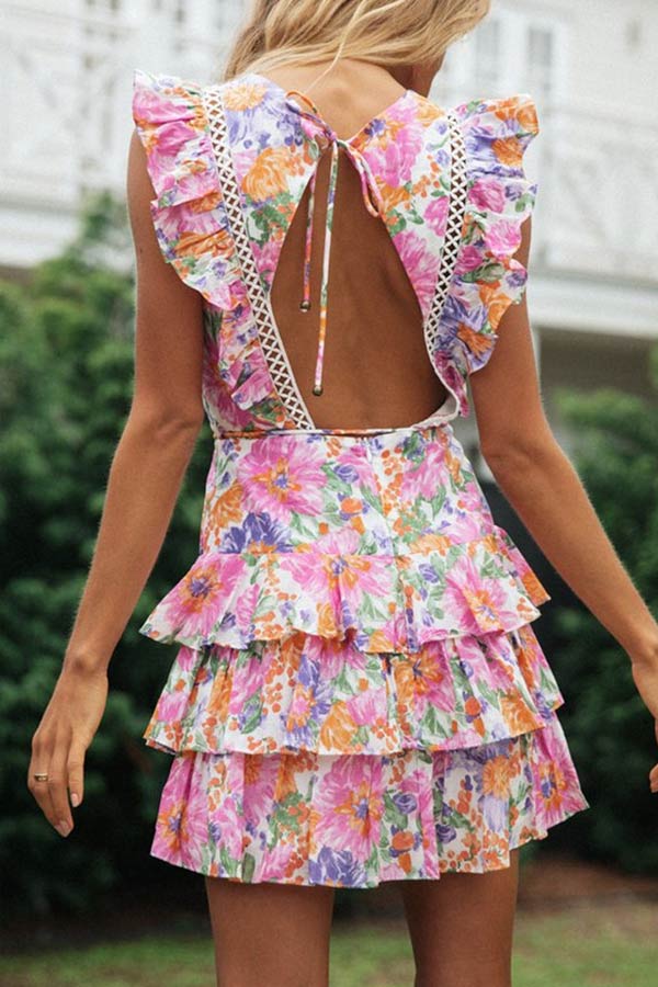 Sexy Floral Print Ruffle Backless Dress