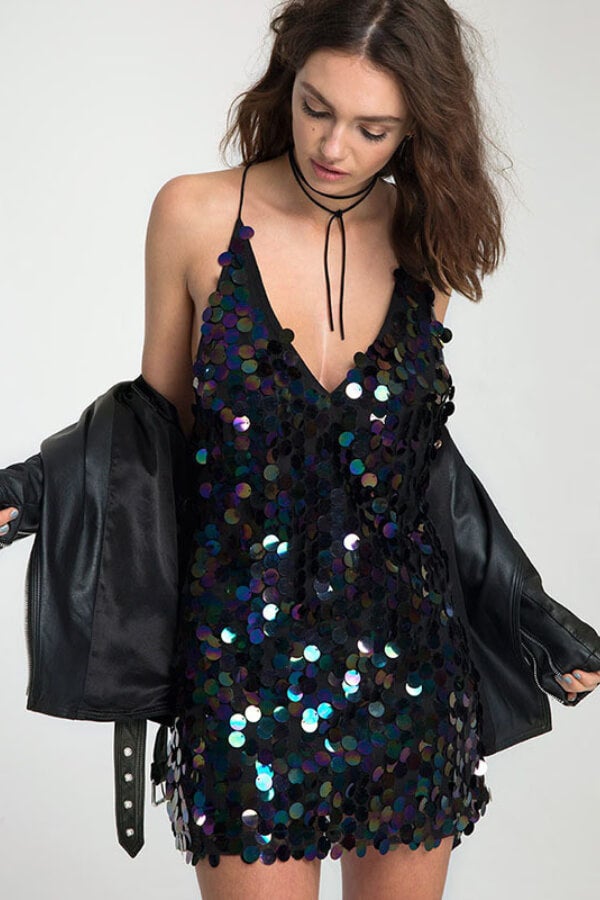 Sexy Sequin V Neck Backless Mini Dress