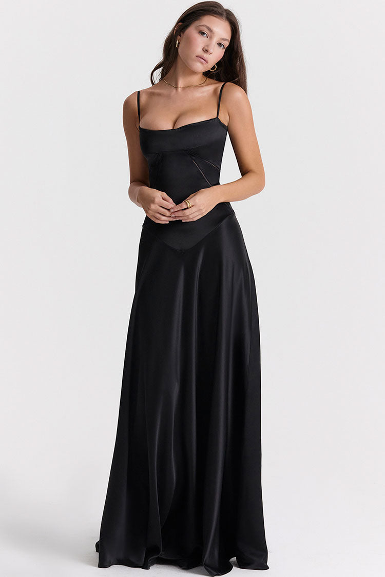 Square Neck Pintuck Trim Lace Up Back Satin Slip Maxi Dress - Black