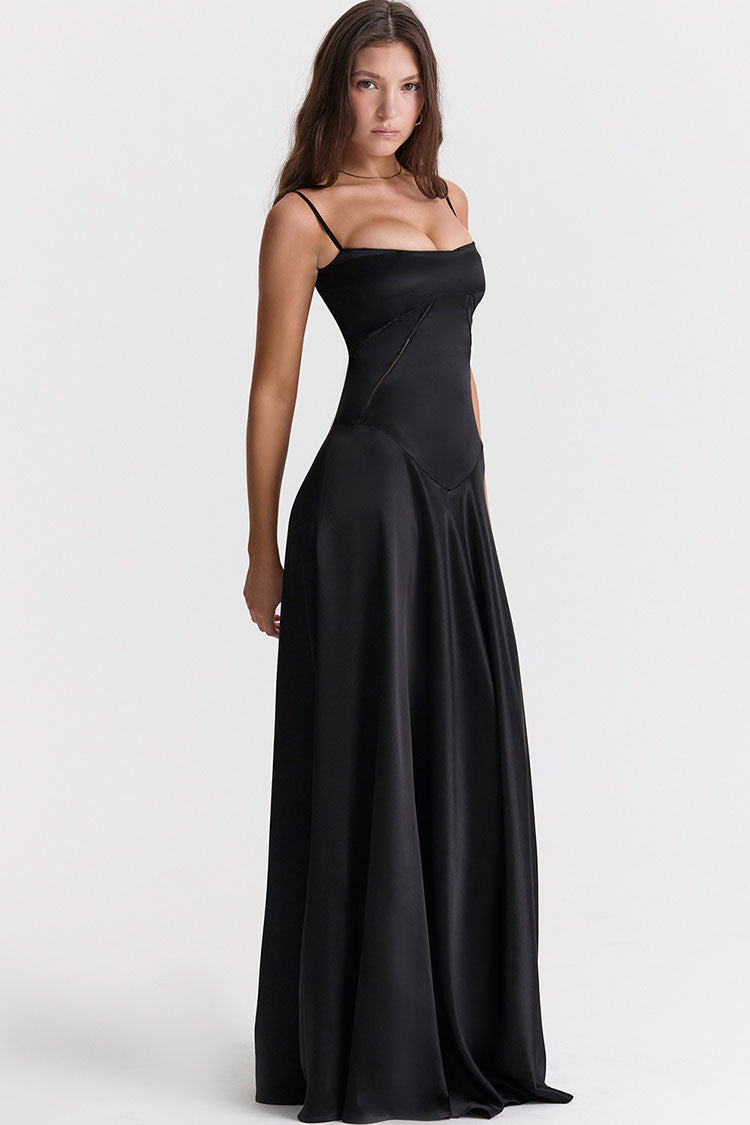 Square Neck Pintuck Trim Lace Up Back Satin Slip Maxi Dress - Black