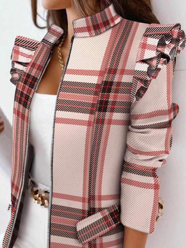 Women's Blazers Ruffle Check Long Sleeve Zipper Blazer