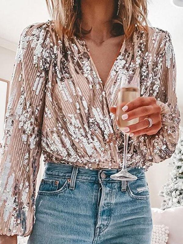 Women's Blouses Sequined V-Neck Long Sleeve Blouse