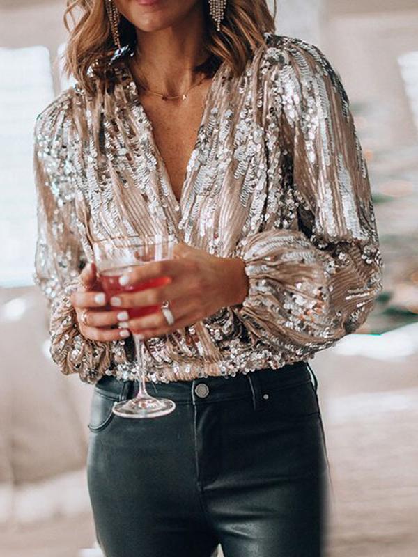 Women's Blouses Sequined V-Neck Long Sleeve Blouse