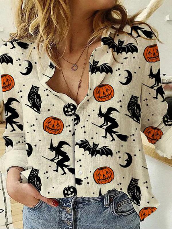 Women's Blouses Witch Bat Pumpkin Print Long Sleeve Blouses