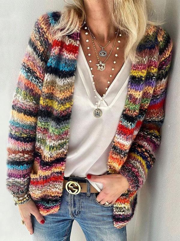 Women's Cardigans Printed Multicolor Striped Commuter Slim Cardigan