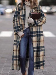 Women's Coats Check Print Lapel Long Woolen Coat