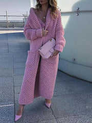 Women's Coats Lapel Pocket Solid Long Knitted Coat