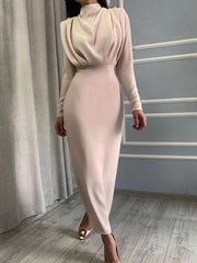 Women's Dresses Temperament Solid High Collar Pleated Long Sleeve Dress