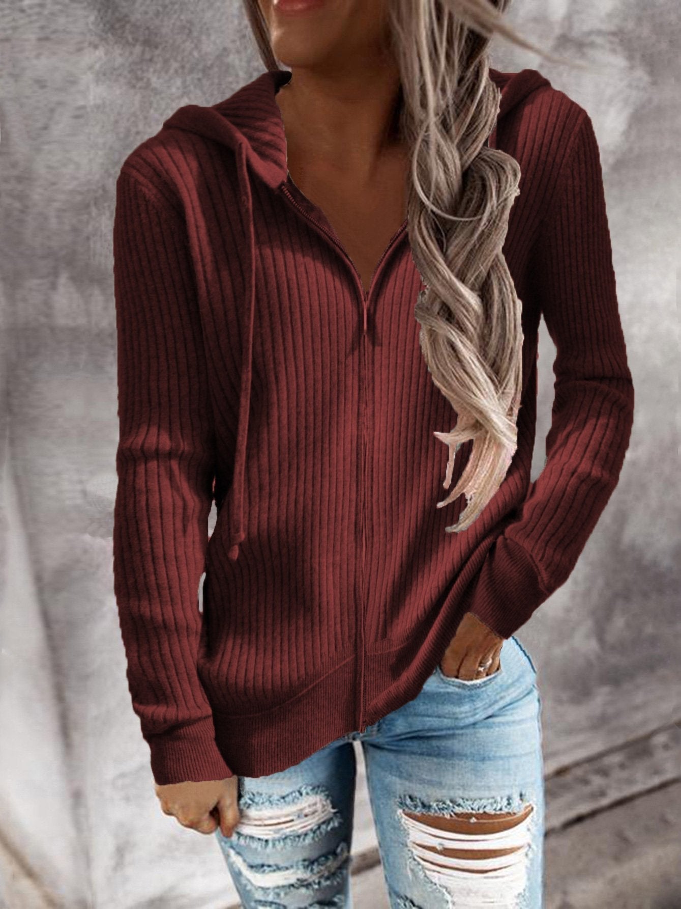 Women's Hoodies Casual Zip Cardigan Long Sleeve Knit Hoodie