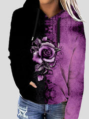 Women's Hoodies Rose Flower Print Two-Color Long Sleeve Hoodie