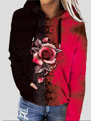 Women's Hoodies Rose Flower Print Two-Color Long Sleeve Hoodie