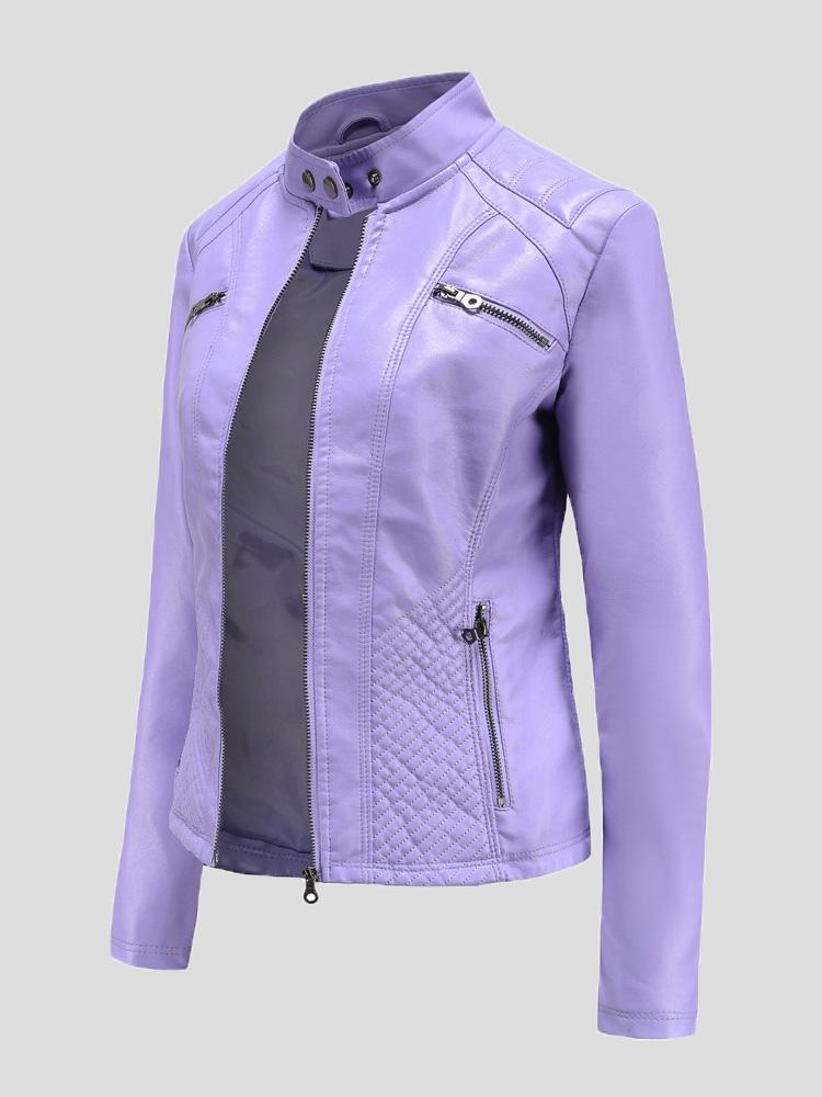 Women's Jackets Casual Stand-Collar Slim Solid Leather Jacket