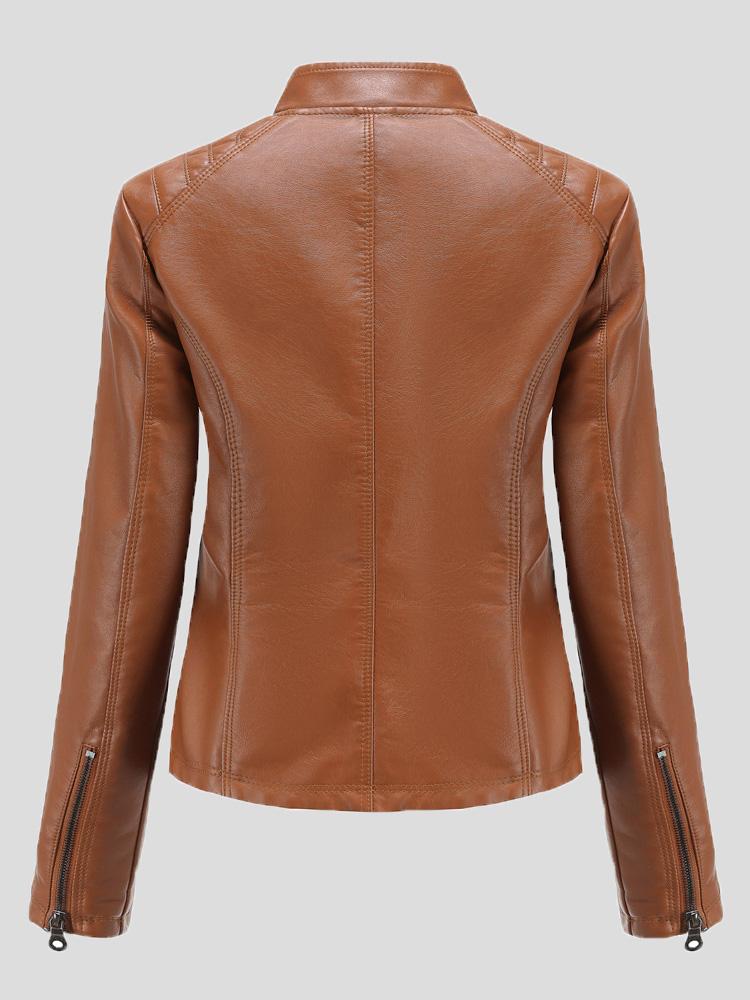 Women's Jackets Casual Stand-Collar Slim Solid Leather Jacket