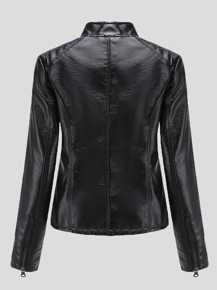 Women's Jackets Casual Stand-Collar Slim Solid Leather Jacket