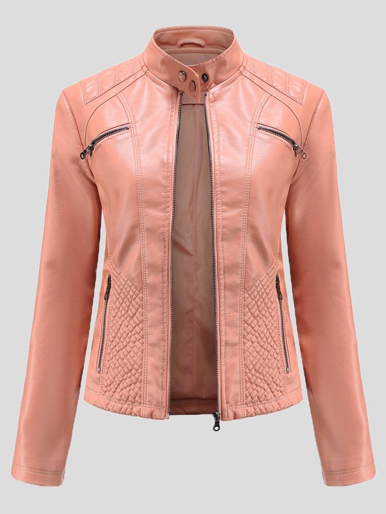 Women's Jackets Casual Stand-Collar Slim Solid Leather Jacket