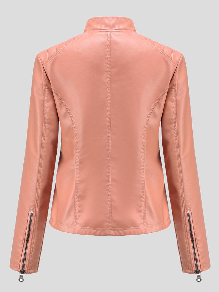 Women's Jackets Casual Stand-Collar Slim Solid Leather Jacket