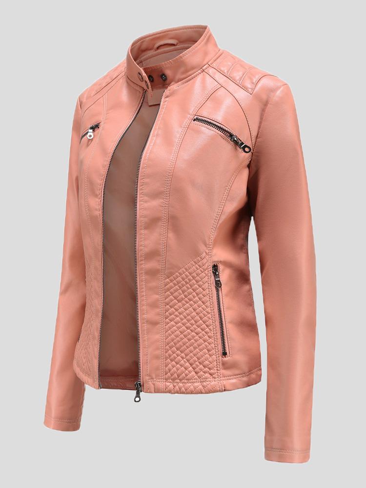 Women's Jackets Casual Stand-Collar Slim Solid Leather Jacket