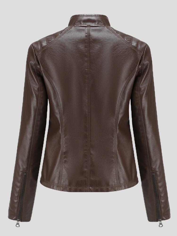 Women's Jackets Casual Stand-Collar Slim Solid Leather Jacket