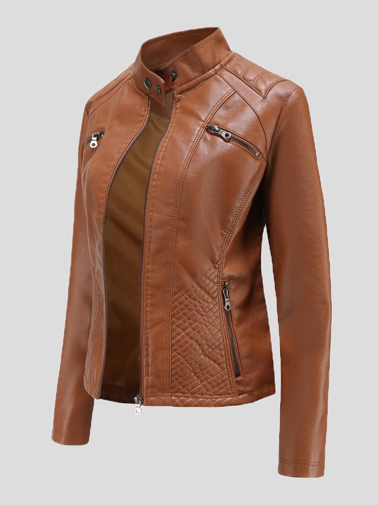 Women's Jackets Casual Stand-Collar Slim Solid Leather Jacket