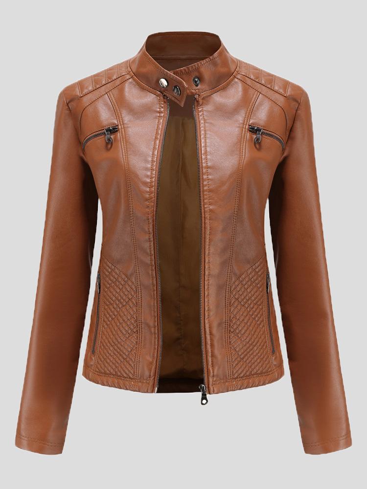 Women's Jackets Casual Stand-Collar Slim Solid Leather Jacket