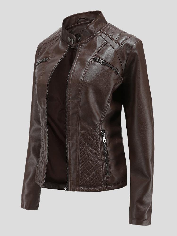 Women's Jackets Casual Stand-Collar Slim Solid Leather Jacket