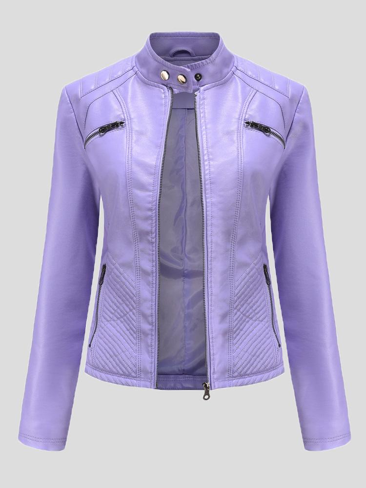 Women's Jackets Casual Stand-Collar Slim Solid Leather Jacket