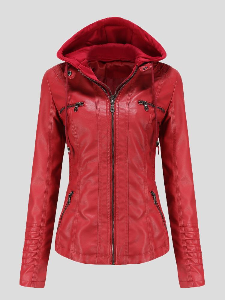 Women's Jackets Hooded Zipper Detachable Pu Leather Jacket