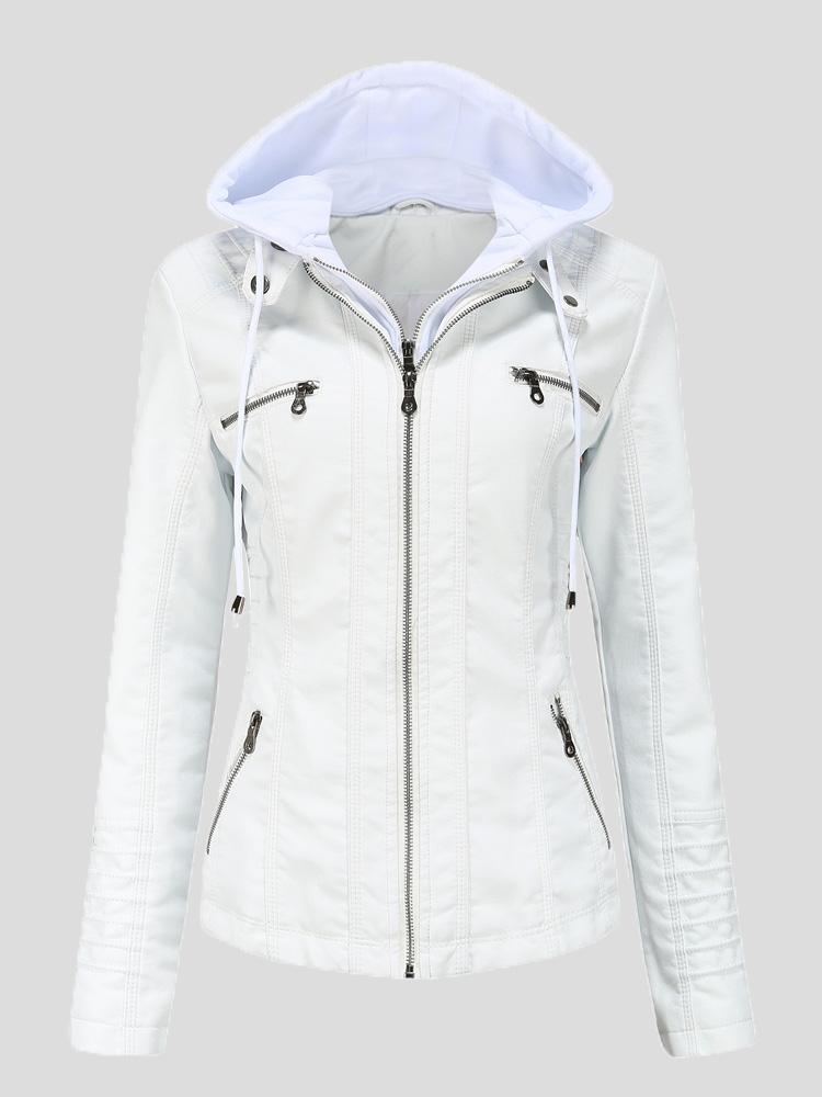 Women's Jackets Hooded Zipper Detachable Pu Leather Jacket