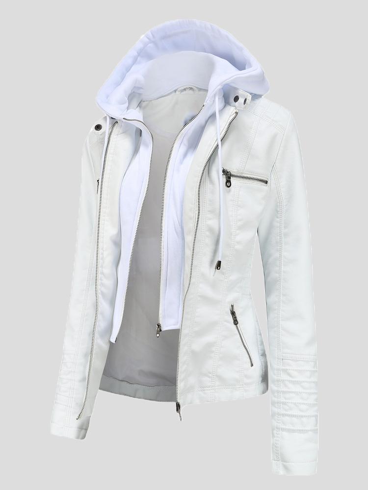 Women's Jackets Hooded Zipper Detachable Pu Leather Jacket