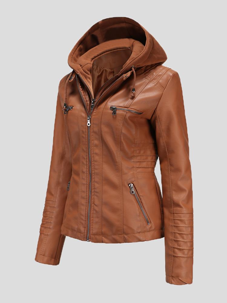 Women's Jackets Hooded Zipper Detachable Pu Leather Jacket