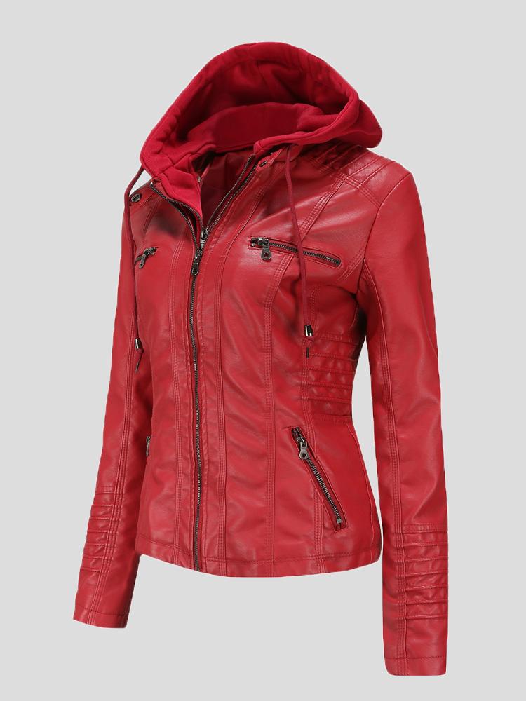 Women's Jackets Hooded Zipper Detachable Pu Leather Jacket