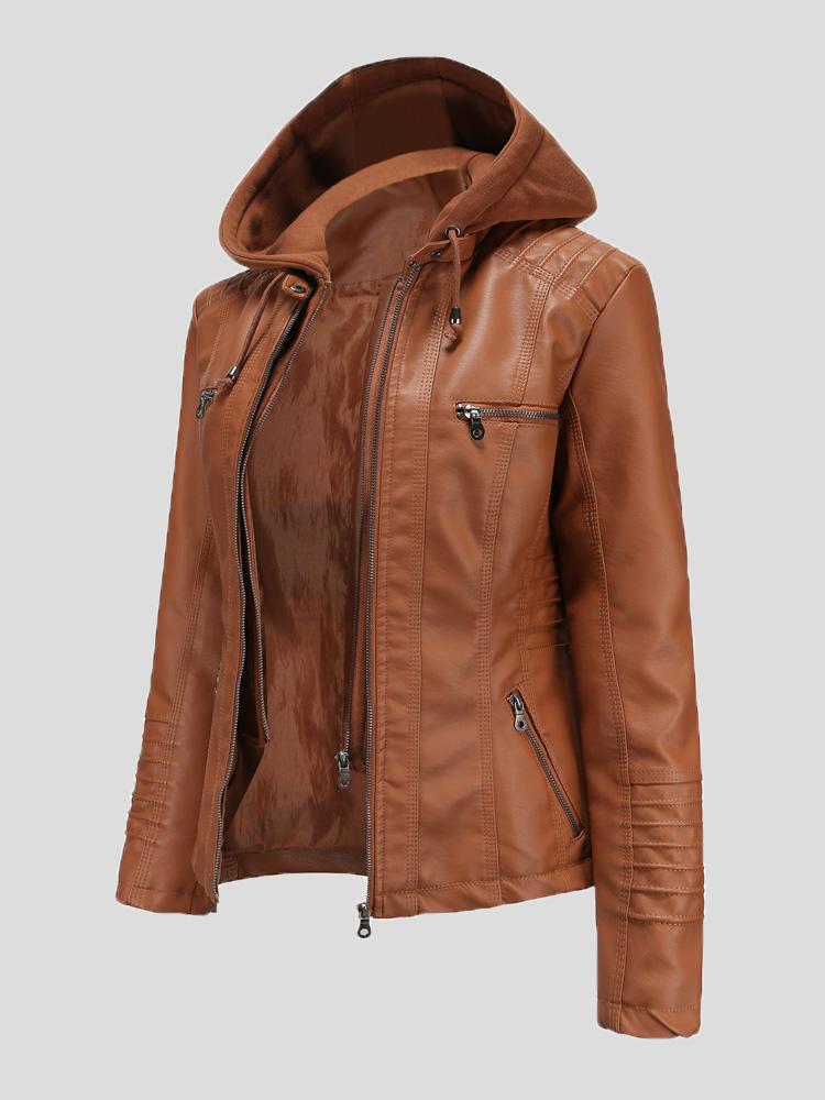 Women's Jackets Hooded Zipper Detachable Pu Leather Jacket