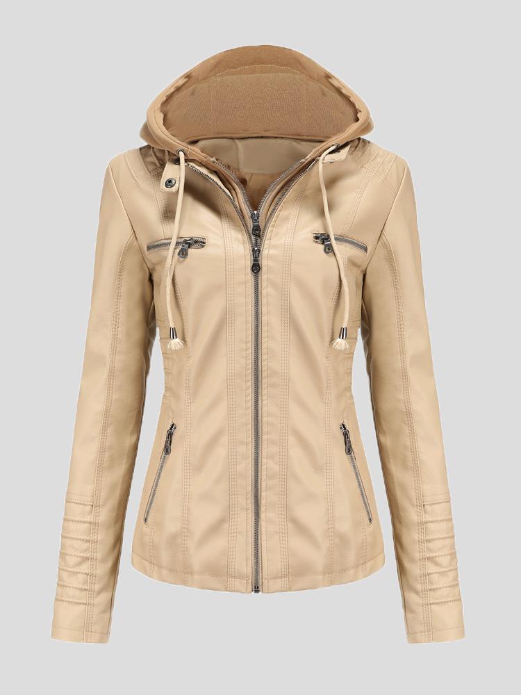 Women's Jackets Hooded Zipper Detachable Pu Leather Jacket