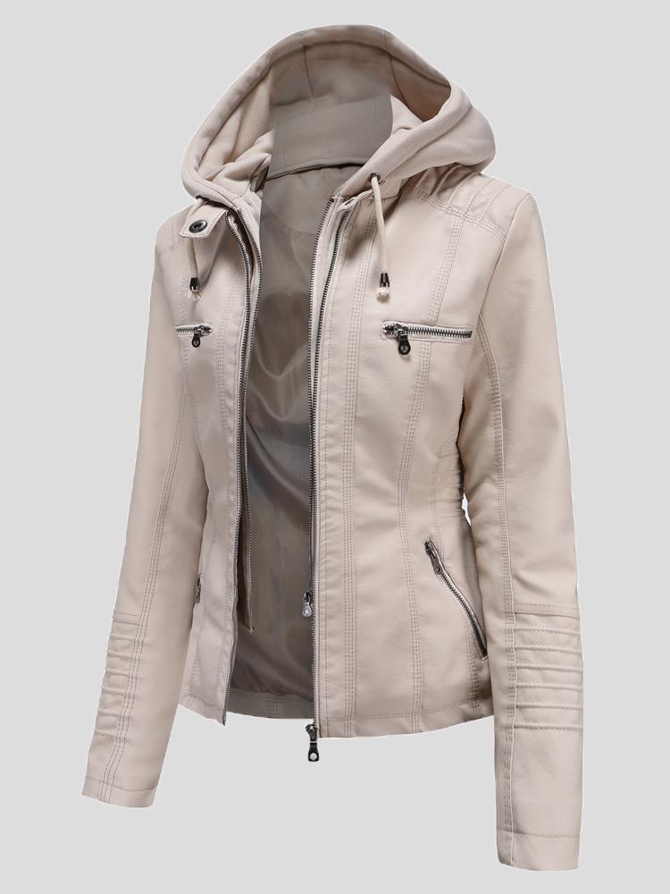 Women's Jackets Hooded Zipper Detachable Pu Leather Jacket